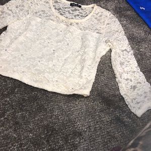 Lace white stretch crop top with rhinestones